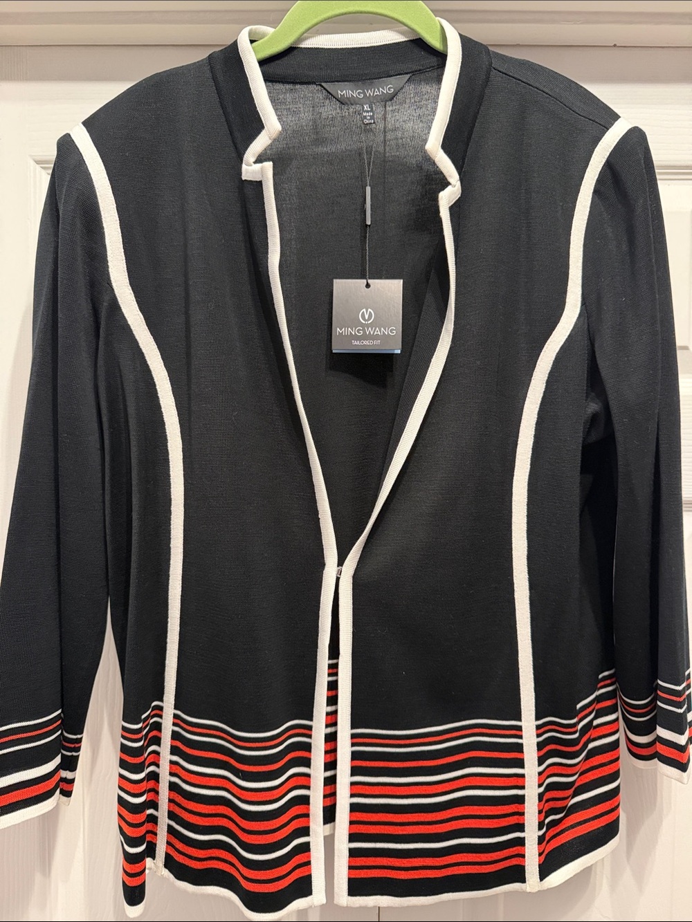 Ming Wang Black Open-Front Jacket with White Trim and Orange Striped Hem